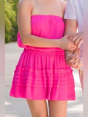 Do + Be Strapless Ruffled Mini Dress - Hot Pink - size small